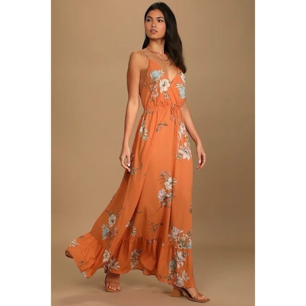 Lulus Endless Vacay Orange Floral Surplice Maxi Dress L Sleeveless Backless